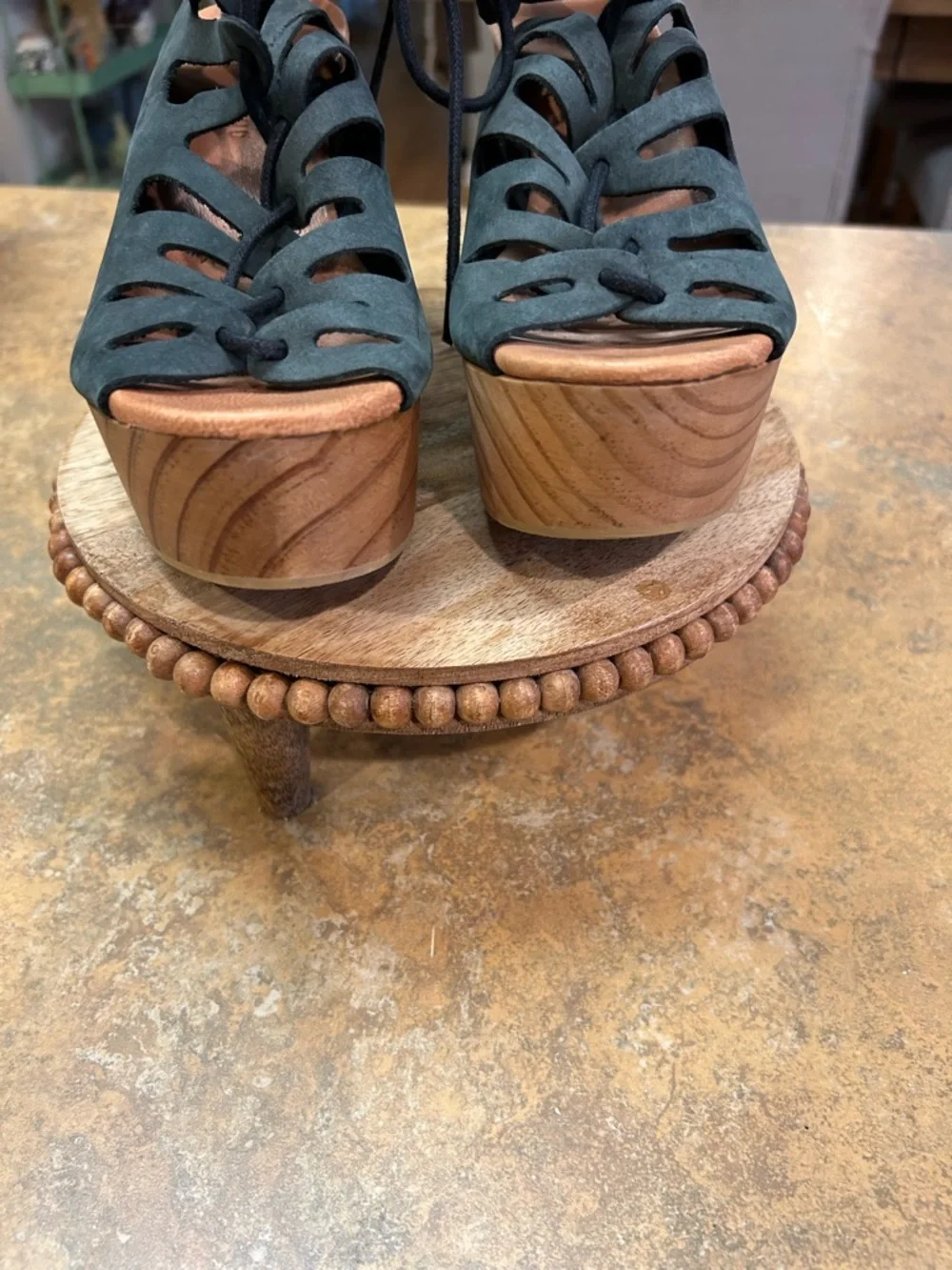 Muse & Cloud Oneka Lace-Up Cutout Suede Retro Wood Platform Sandals